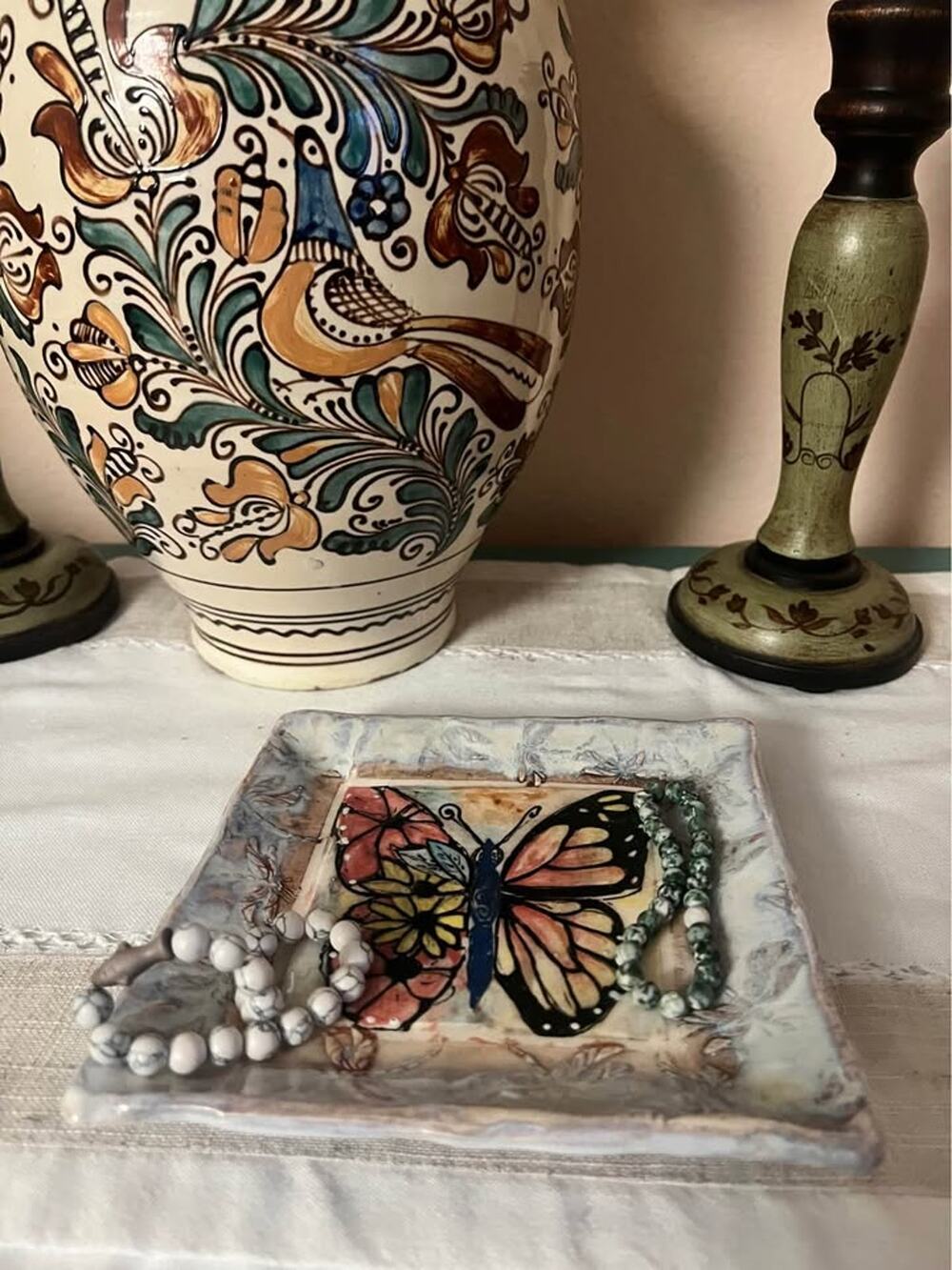 Boho Hand-Painted Butterfly Ceramic Dish – Signed Art Pottery